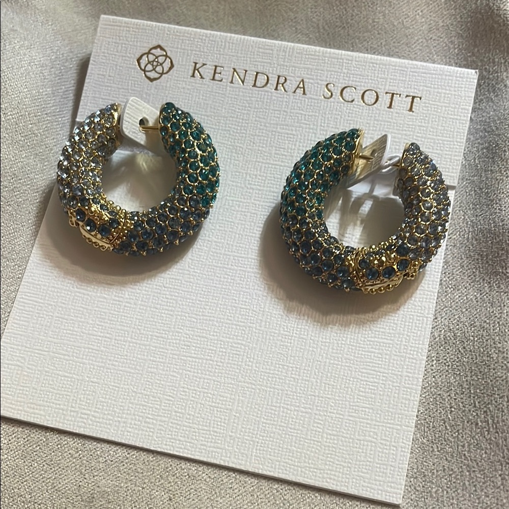 Kendra Scott Mikki Gold Pave Hoop Earrings in Green‎ Blue Ombré Mix